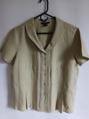 Grace Elements Short-Sleeve Pleated Front Blouse in Light Green Sz1X 100% Linen